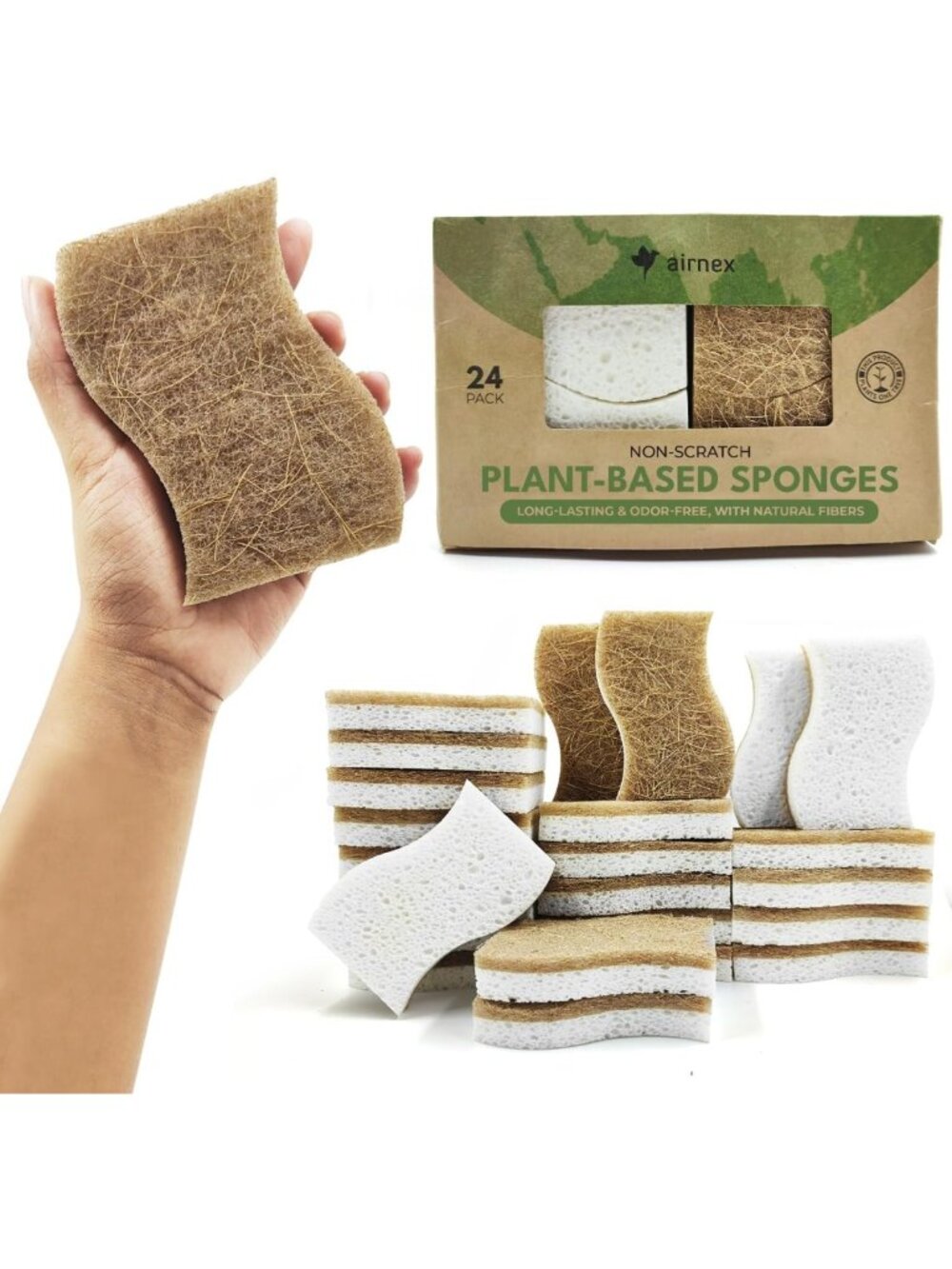 Eco-Friendly Biodegradable Kitchen Sponges - 24 Pack Non-Scratch Coconut